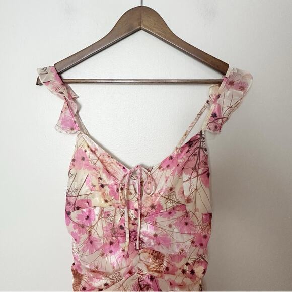 Fanco Pink Floral Ruched Mini Dress Small Ruffle Tie Front Cottagecore Fairy - Picture 4 of 12